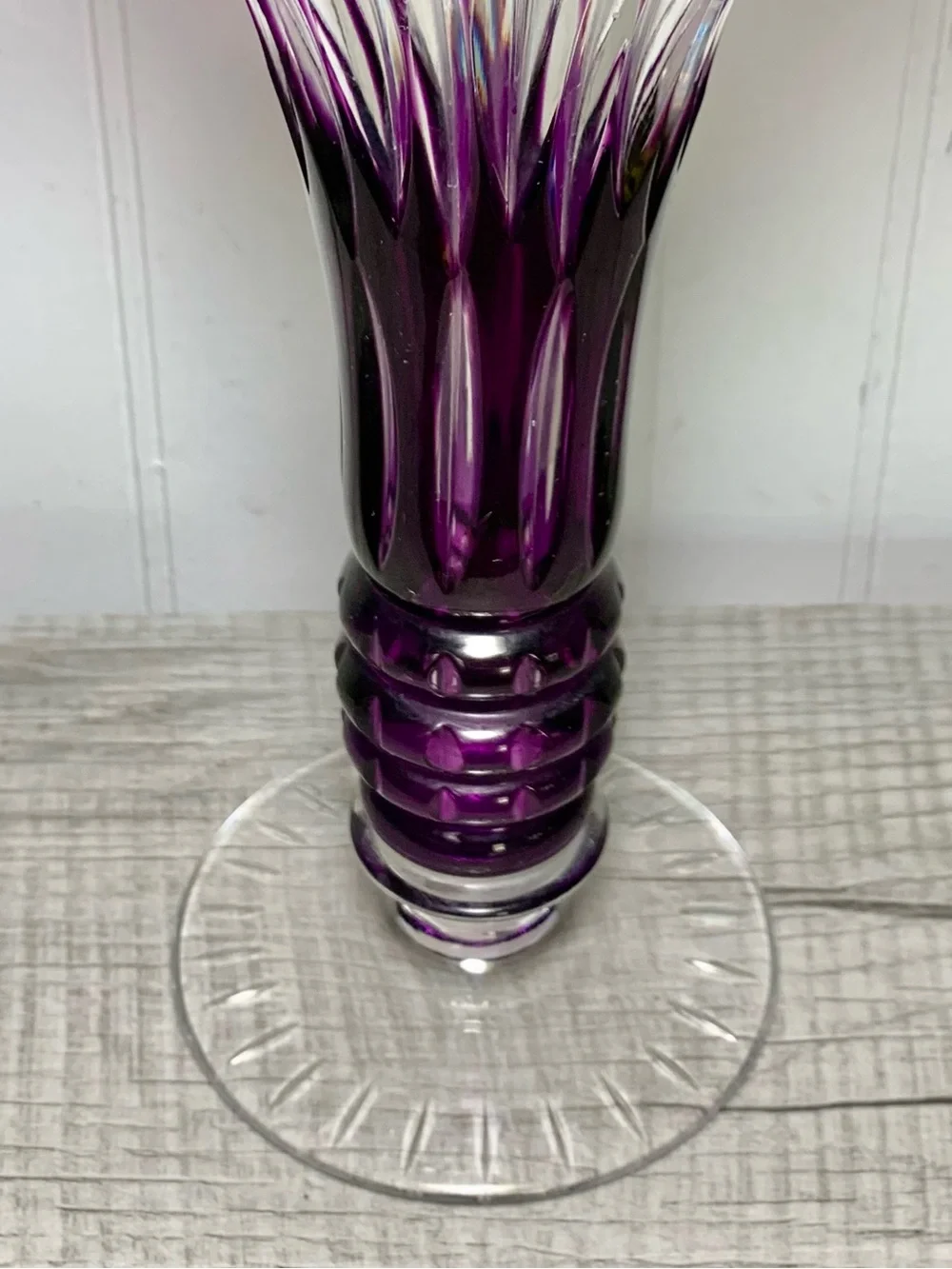 Vintage Bohemian Amethyst Cut To Clear Trumpet Flared Footed Vase